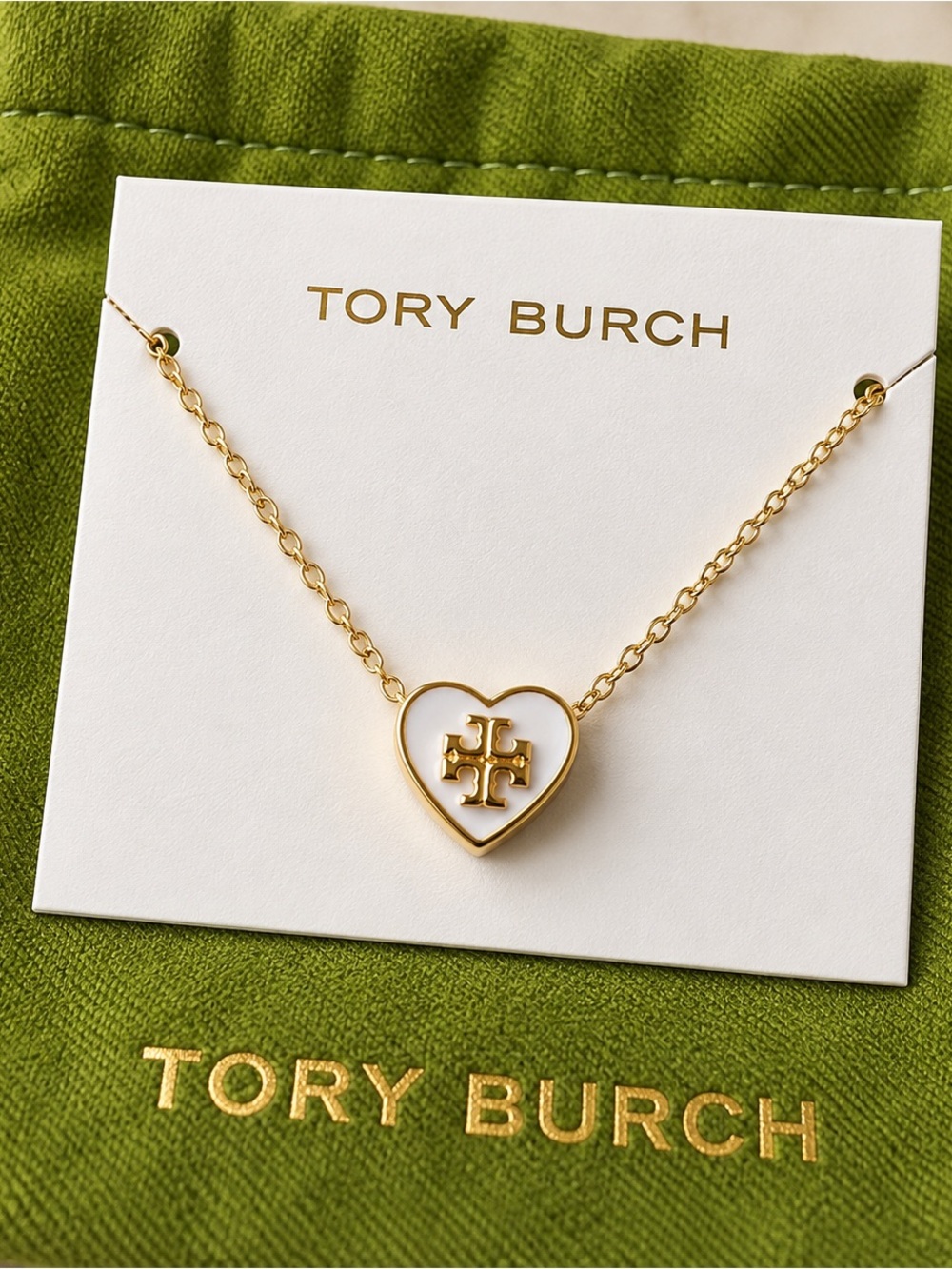 Tory Burch Gold and White Heart Logo Necklace